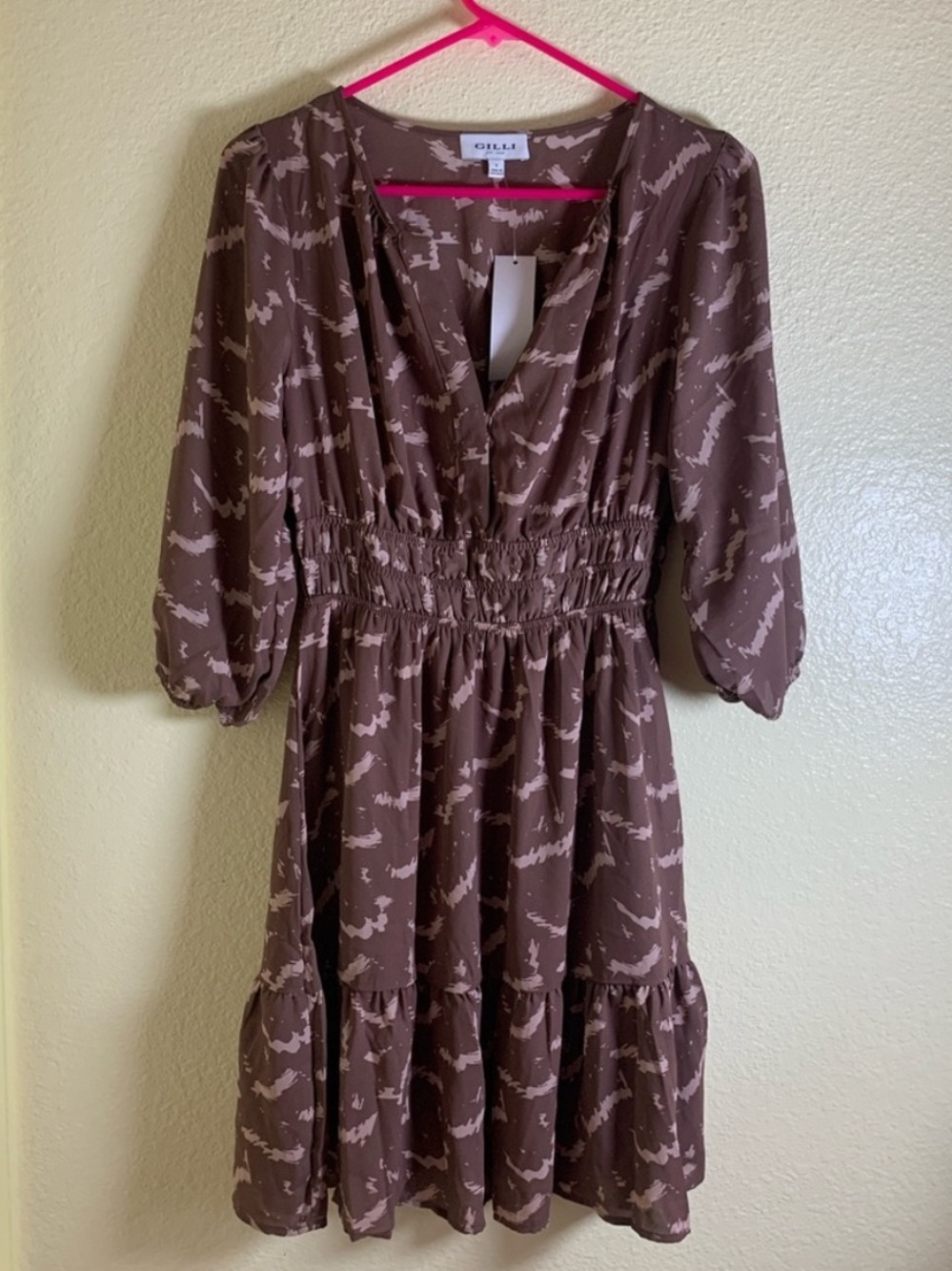 NWOT Gilli Brown Printed Long Sleeve Smocked Waist Tiered Dress, Size S
